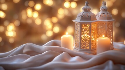 Fototapeta premium Festive lanterns and candles on silk, bokeh background; holiday greeting