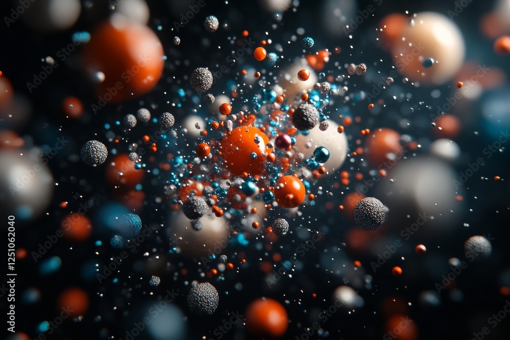 Poster colorful particles float in abstract space, creating a vibrant cosmic scene of energy and motion