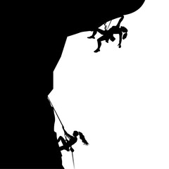 Climbing black silhouette, climbers climbs on rock cliff, endurance athlete and mountaineer, trekking and scaling, climb balance, travel movement, vector illustration