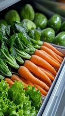 Fresh organic vegetables in refrigerator drawer. Close up of crisp carrots, lettuce leaves and cucumbers arranged neatly for healthy eating and storage.
