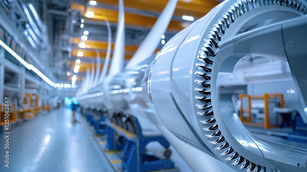 Poster a large white object with a spiral design is in a factory