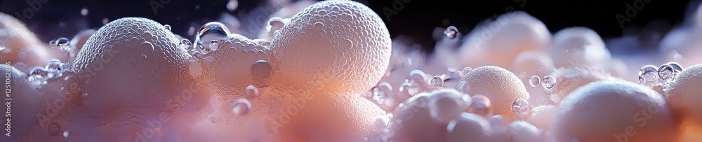 Poster close-up of a group of bubbles. the bubbles are of different sizes and shapes, with some being large