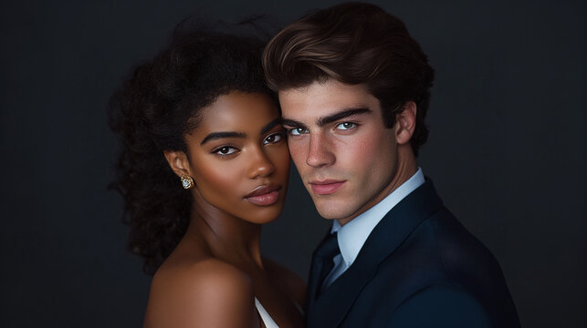 Elegant couple portrait. He's in a suit, she's in a dress. A stylish interracial couple, they pose closely against a dark background, exuding sophistication.