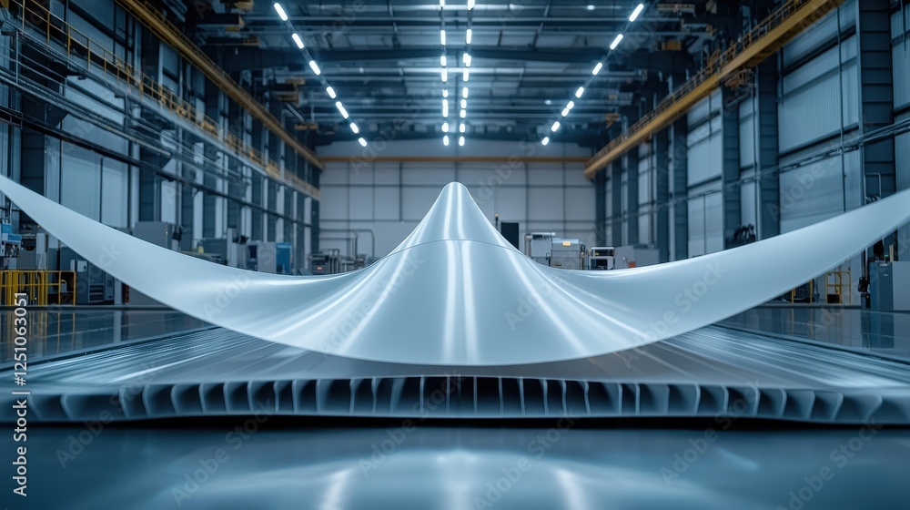 Poster a large sheet of paper is being stretched out in a factory