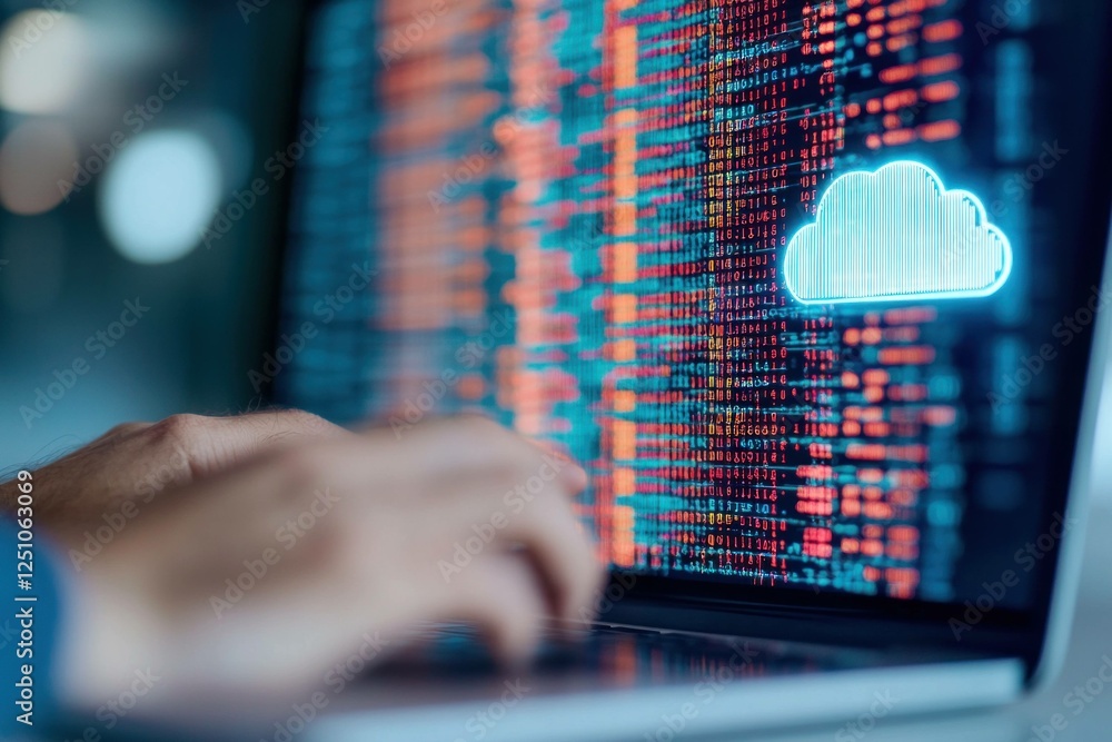Poster close up shot of a person s hands typing on a laptop, focusing on a cloud icon graphic symbolizing c