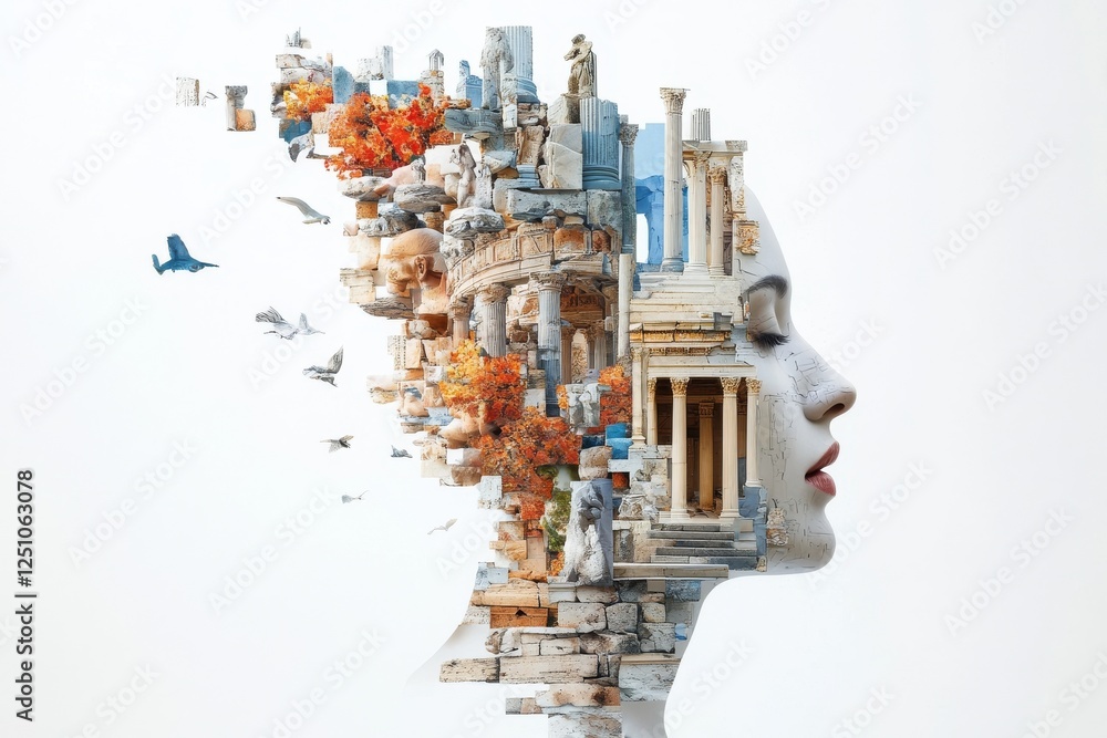 Poster artistic representation of a woman's profile blending with ancient architecture and nature elements