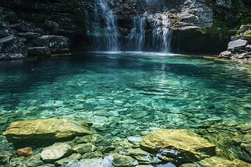 A crystal-clear alpine lake with waterfalls cascading into its pristine waters