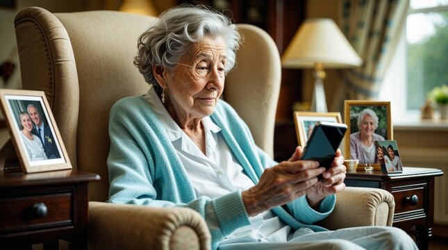 UK, Reigate, Senior lady sitting with phone at nursing home