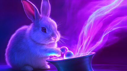 A charming rabbit gently touches glowing orbs, creating a swirl of enchanting colors in the air