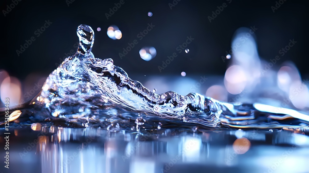 Poster macro photography of water splash with bokeh lights creating dynamic motion effect. crystal clear li