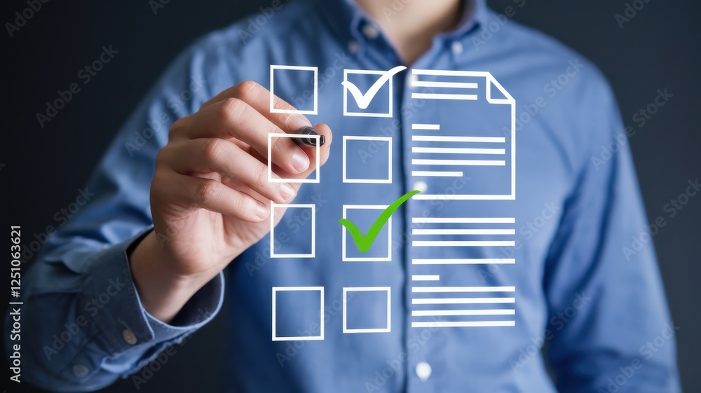 Poster checklist completion: businessperson checking items on a virtual document