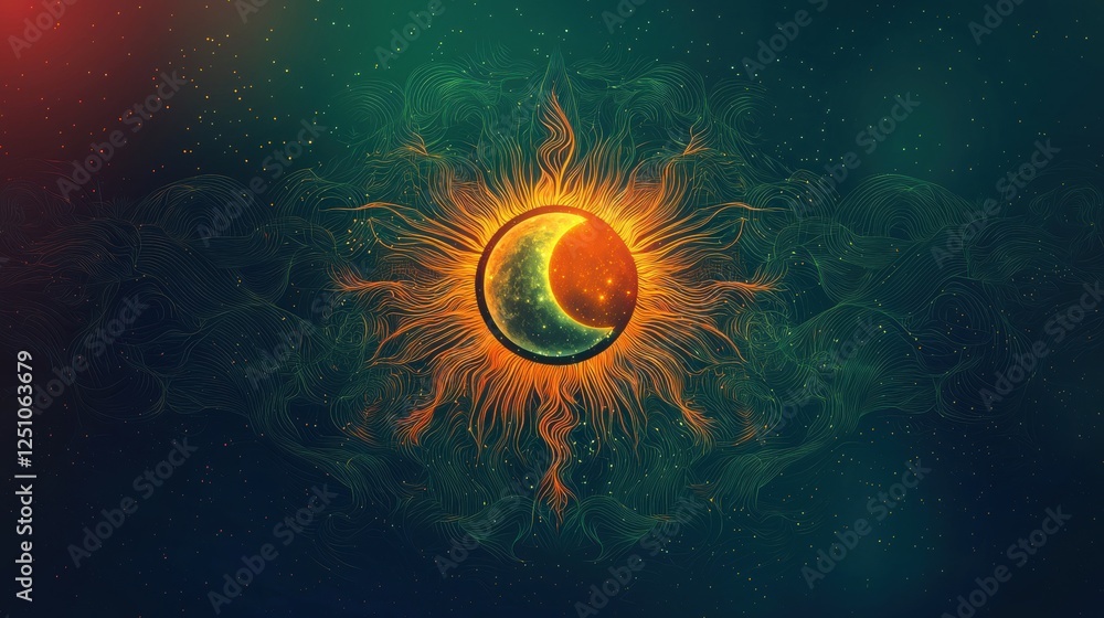 Poster abstract digital art piece that appears to be a representation of a solar eclipse. the background is