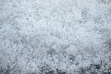 A detailed macro shot of freshly fallen snow, showing intricate ice crystals and delicate textures. The snow appears slightly compacted with tiny specks of dirt visible.