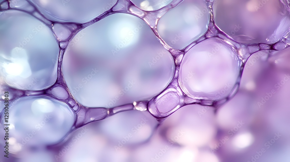 Poster macro view of purple and pink soap bubbles creating abstract organic pattern with soft bokeh effect 