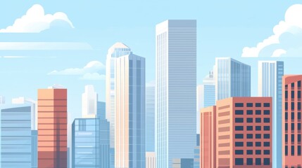 Illustration of a cityscape with tall buildings and skyscrapers. the sky is blue with white clouds scattered throughout.