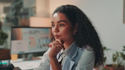 Creative, thinking and woman in office, ambitious and happy for positive results of campaign and online. Business, copywriter and daydreaming for career growth in agency, contemplating and website