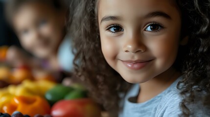 Cheerful mixed race girl with curly hair smiling at camera while standing near colorful fresh vegetables and fruits in kitchen. Healthy eating and family lifestyle concept.