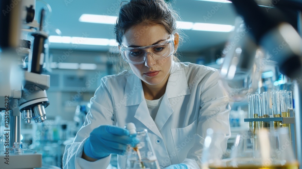 Poster a woman in a lab coat is working on an experiment