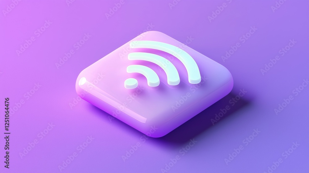 Poster 3d rendering of a square-shaped icon with a white wifi symbol on it. the icon is placed on a purple 