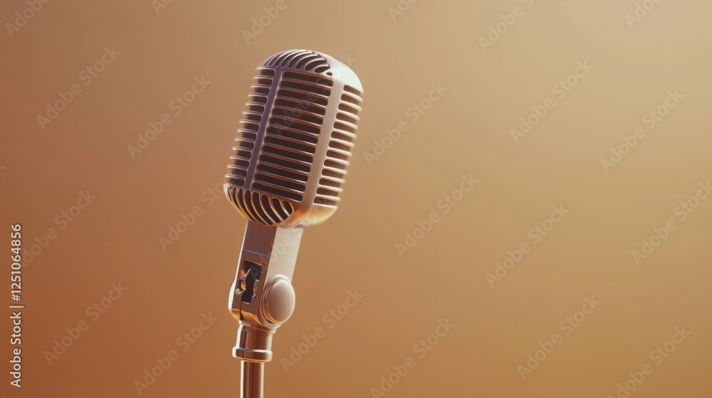 Poster Close-up of a vintage microphone on a stand. the microphone is silver in color and has a round shape with a curved top and a round base.