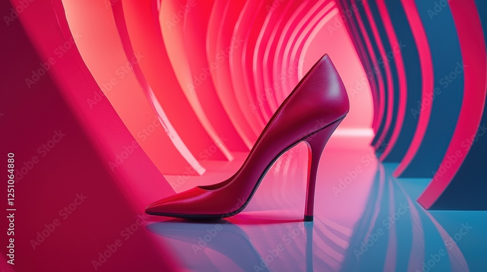Poster high-heeled shoe in the center of the frame. the shoe is red in color and has a pointed toe and a st