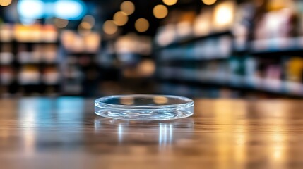 Glass petri dish on wooden table with blurred bokeh background in laboratory or restaurant setting creates atmospheric scientific or culinary composition.