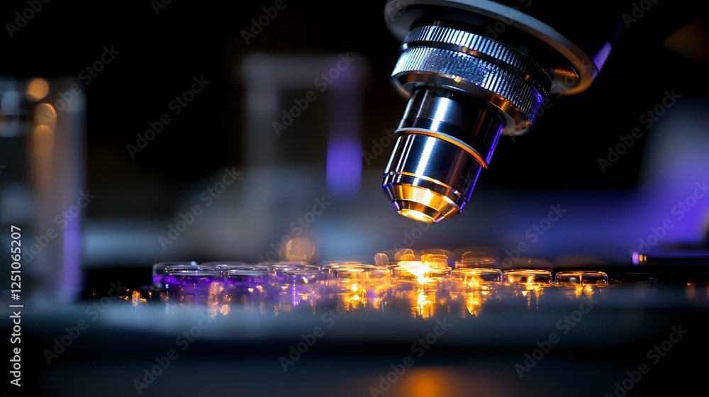 Poster microscope objective lens examining illuminated microchip circuit board with glowing orange and purp