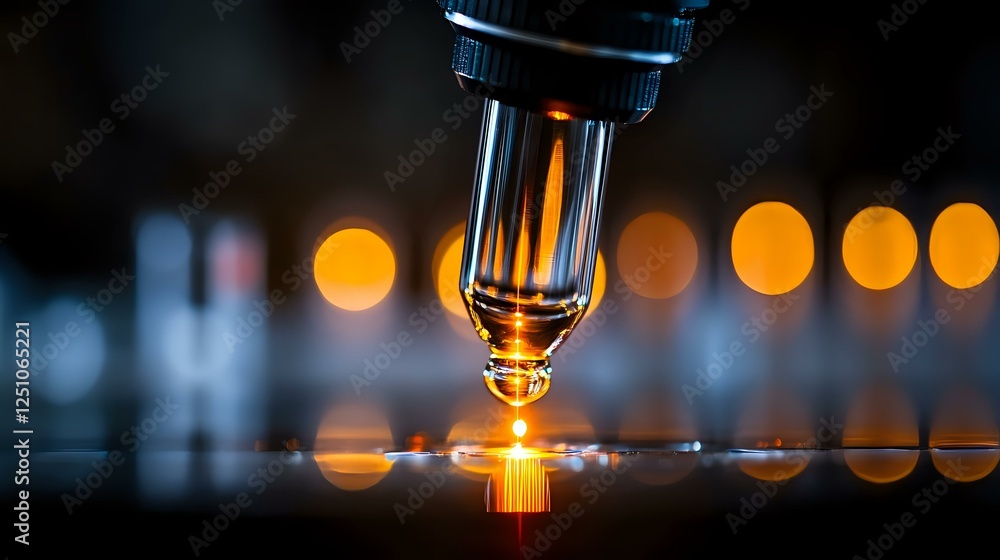 Poster microscope objective lens with glowing orange light and bokeh effect in dark laboratory setting, sci