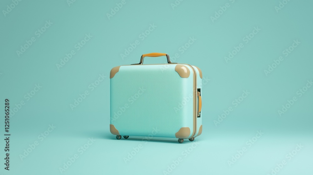Poster 3d rendering of a suitcase on a light blue background. the suitcase is light blue in color with a be