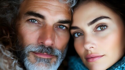 Intimate portrait of mature man with gray hair and beard next to young woman with striking eyes, wearing blue sweater, representing age gap relationship or family bond.