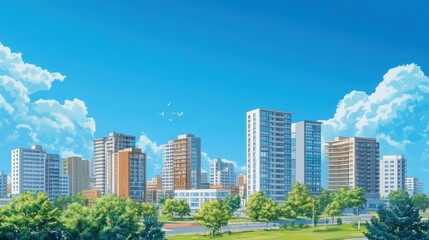 Fototapeta premium Sunny city skyline, green park, summer day, urban landscape, website banner