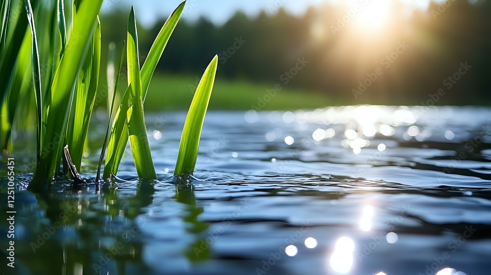 Poster fresh green reeds growing through calm water surface with sunlight reflections creating bokeh effect