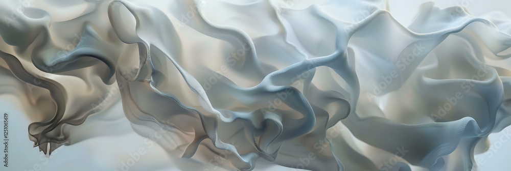 Poster flowing abstract waves in soft gray and white tones create dynamic movement across horizontal compos