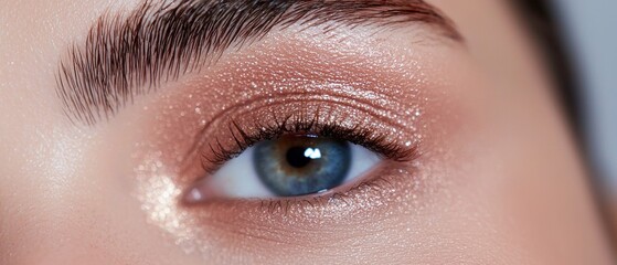 Obraz premium Close-up of a person's eye. the eye is blue and the person has long, dark eyelashes. the eyeliner is a light brown color and is applied in a way that creates a shimmery effect.