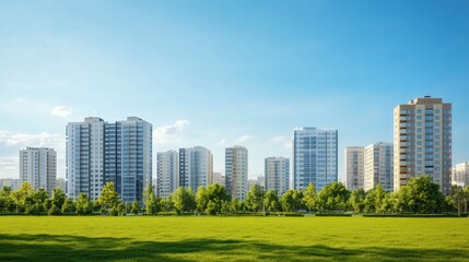 Fototapeta premium City skyline, green park, sunny day, urban landscape, real estate