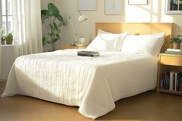 there is a bed with a white blanket and a book on it