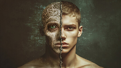 Split Head with Half Human and Half AI Brain, Representing Humans' Journey to Master AI Technology, Transhumanism Concept, Digital Background, Futuristic Design.