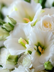 Fototapeta premium Delicate white eustoma and roses in soft focus macro shot, creating romantic floral composition with gentle yellow stamens and light green buds for wedding design.