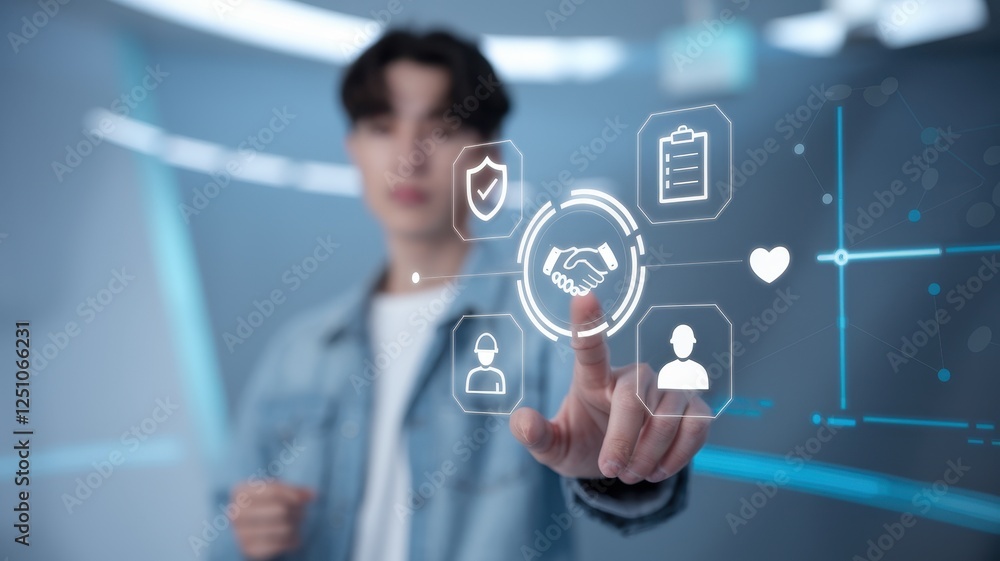 Poster young man interacting with a futuristic interface showing business and technology concepts