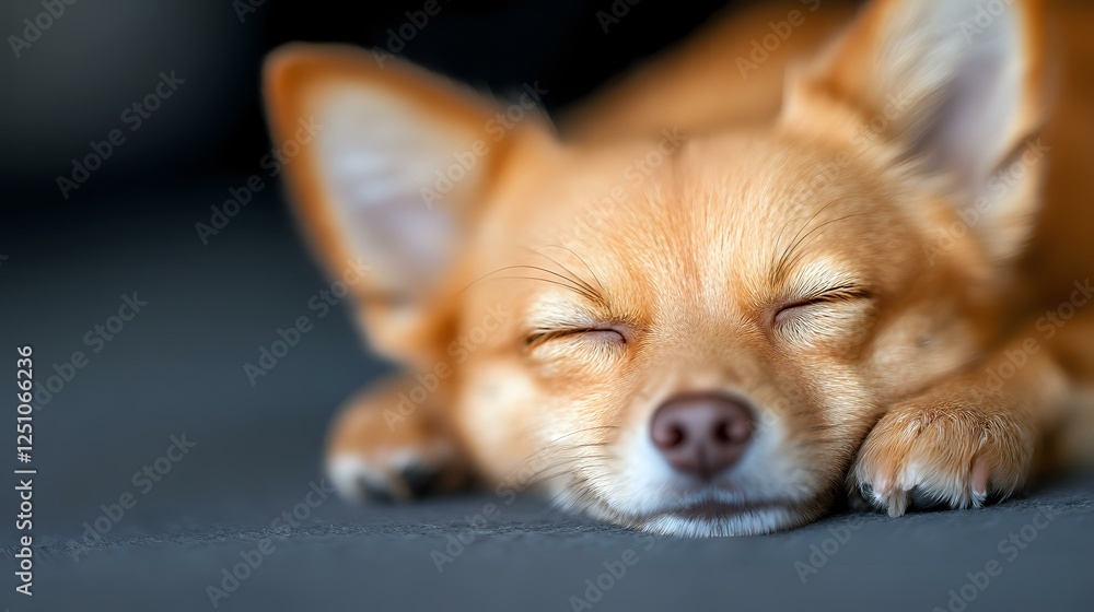 Poster sleeping chihuahua dog with closed eyes resting on dark background, peaceful expression and relaxed 