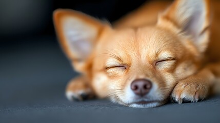 Obraz premium Sleeping Chihuahua dog with closed eyes resting on dark background, peaceful expression and relaxed pose showing pet contentment and tranquility.