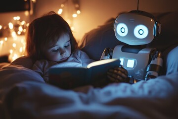AI replacing human connection a robot reading bedtime story to a child