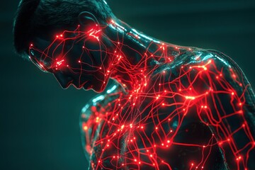 futuristic thinking person with glowing electric circuits instead of blood concept of transhuman