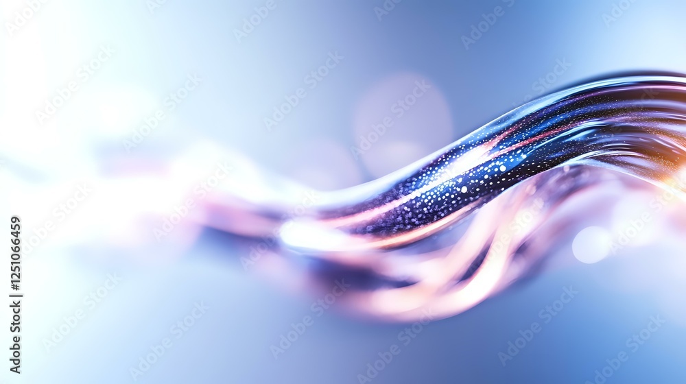 Poster flowing abstract waves with glowing particles in blue and pink colors create dynamic motion effect a