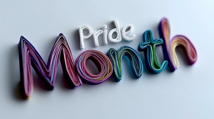 Colorful gradient text spelling Pride Month with 3-dimensional effect and shadow on light background, featuring rainbow colors in modern typography style.