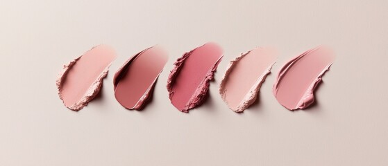 Five swatches of lipstick on a plain beige background. the swatches are arranged in a row, with each swatch having a different shade of lipstick.