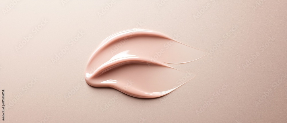 Poster close-up of a liquid foundation or concealer swatch on a beige background. the swatch is in the shap