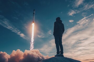 Space Exploration vs. Earths Problems a rocket launching observed by man 