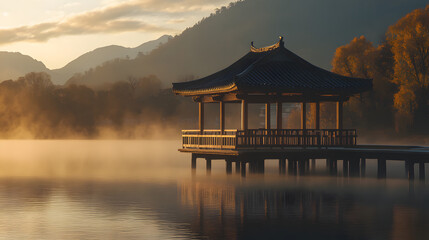 Fototapeta premium An ancient-style pavilion stands on the calm lake, with mountains in the background and a sunset sky