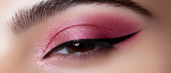 Close-up of a person's eye with a dramatic makeup look. the eye is framed by long, dark eyelashes and the eyebrow is visible on the top left corner of the image.
